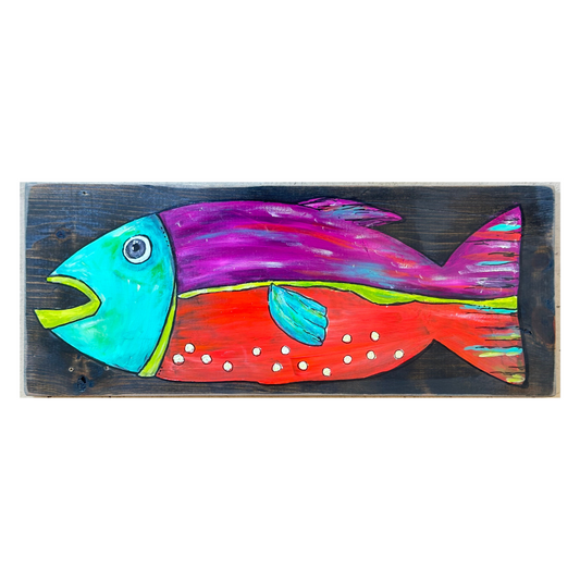 Penny- 1 of a kind, brilliant, bright, bold painted fish on black stained reclaimed hardwood, perfect for your lake life or coastal decor.