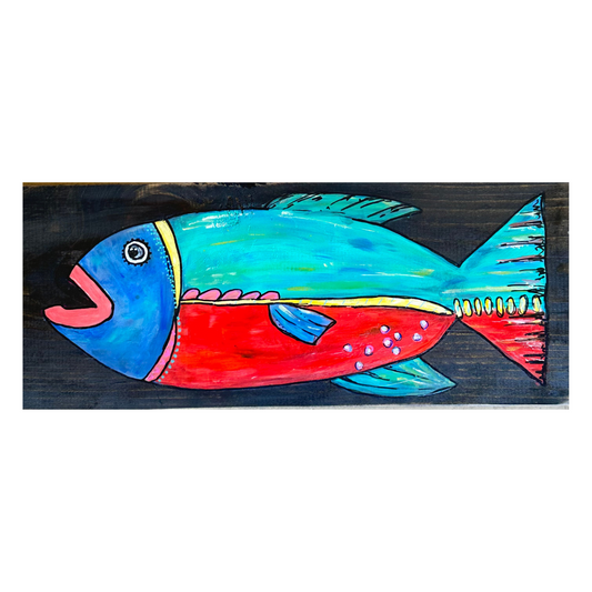 Jewel- 1 of a kind, brilliant, bright, bold painted fish on black stained reclaimed hardwood, perfect for your lake life or coastal decor.