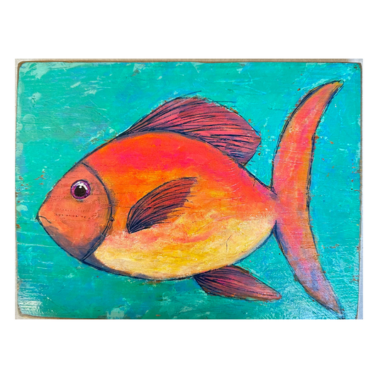 Finn -Painted fish on reclaimed hardwood, perfect for your lake life or coastal decor. Bright bold colors stand out on the stained wood.