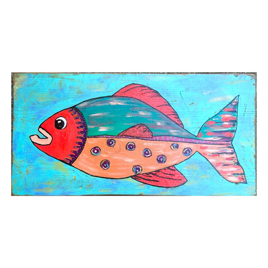 Stella-Painted fish on reclaimed hardwood, perfect for your lake life or coastal decor. Bright bold colors stand out on the stained wood.