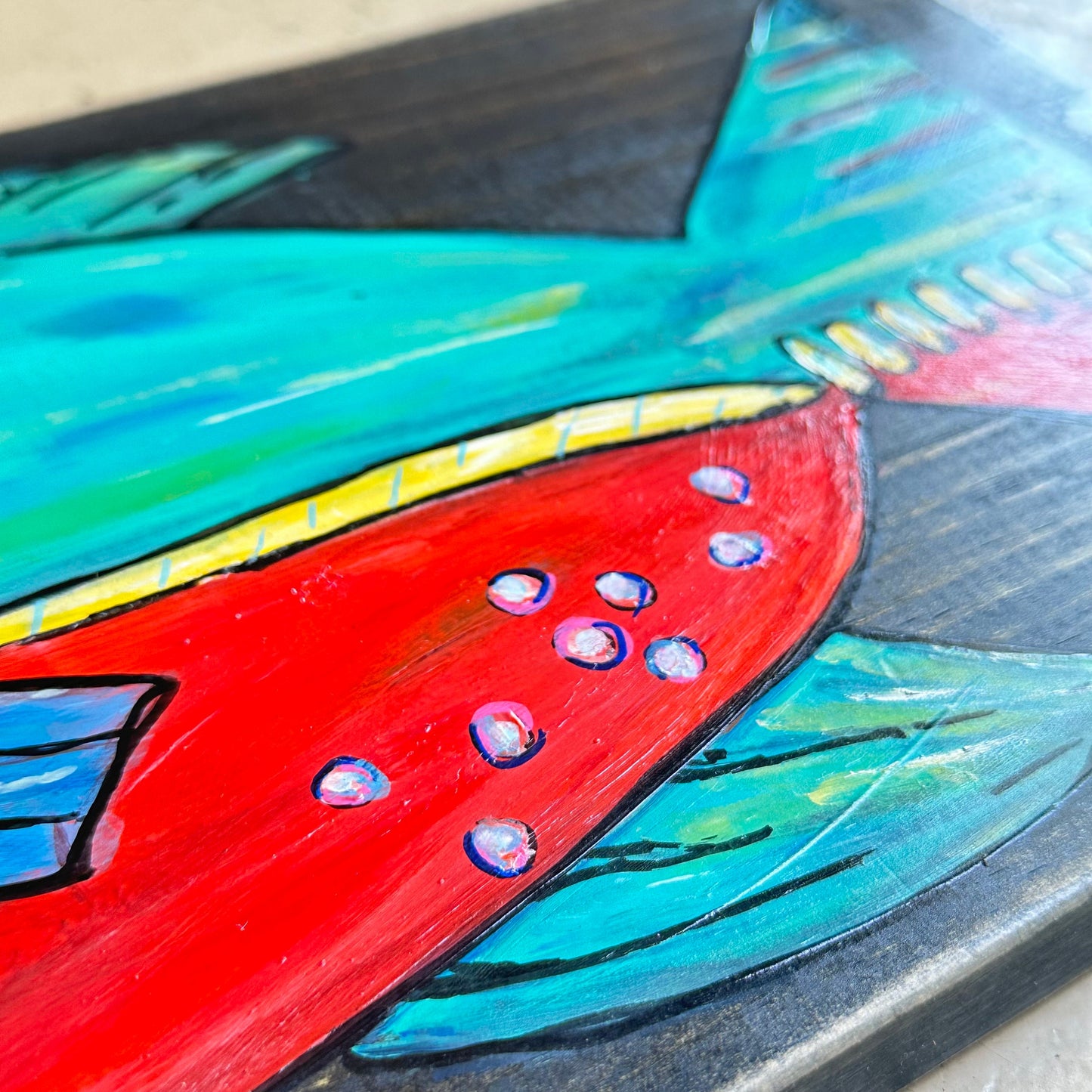 Jewel- 1 of a kind, brilliant, bright, bold painted fish on black stained reclaimed hardwood, perfect for your lake life or coastal decor.