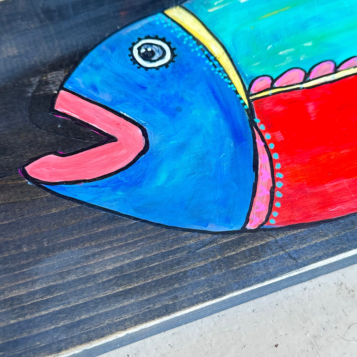 Jewel- 1 of a kind, brilliant, bright, bold painted fish on black stained reclaimed hardwood, perfect for your lake life or coastal decor.