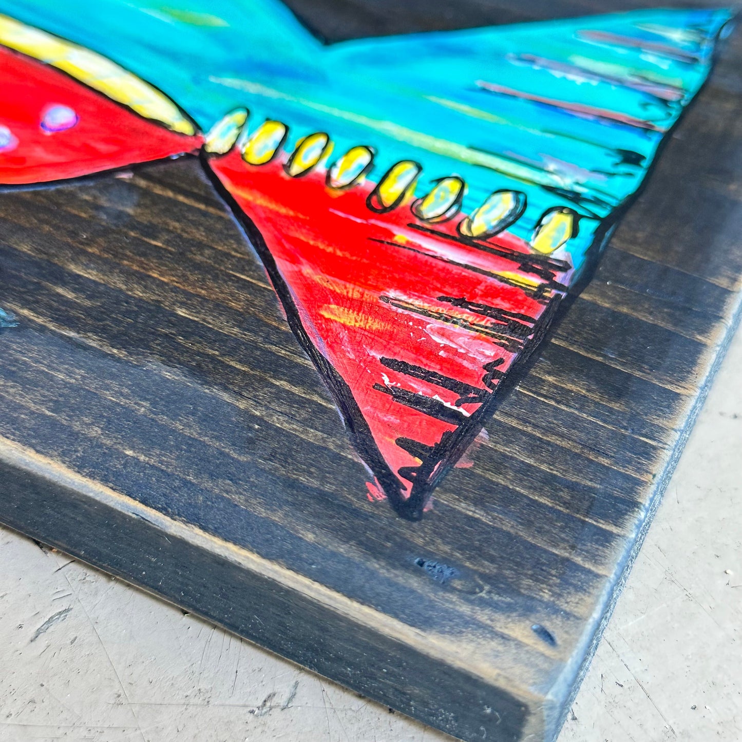 Jewel- 1 of a kind, brilliant, bright, bold painted fish on black stained reclaimed hardwood, perfect for your lake life or coastal decor.