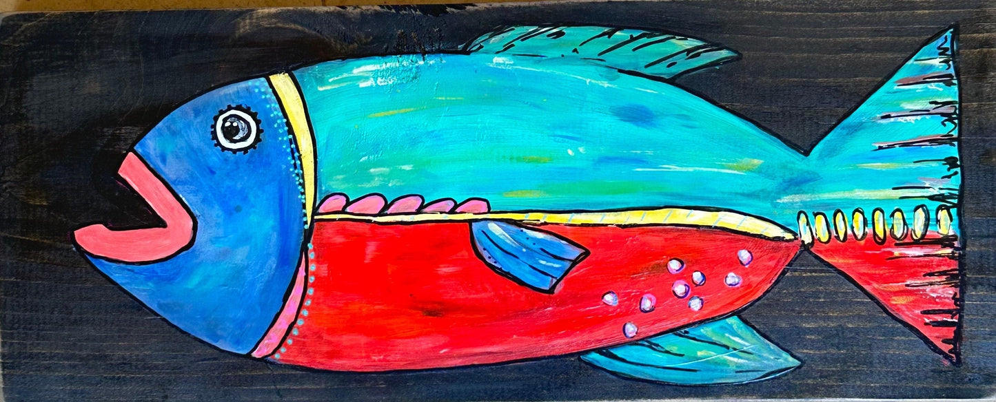 Jewel- 1 of a kind, brilliant, bright, bold painted fish on black stained reclaimed hardwood, perfect for your lake life or coastal decor.